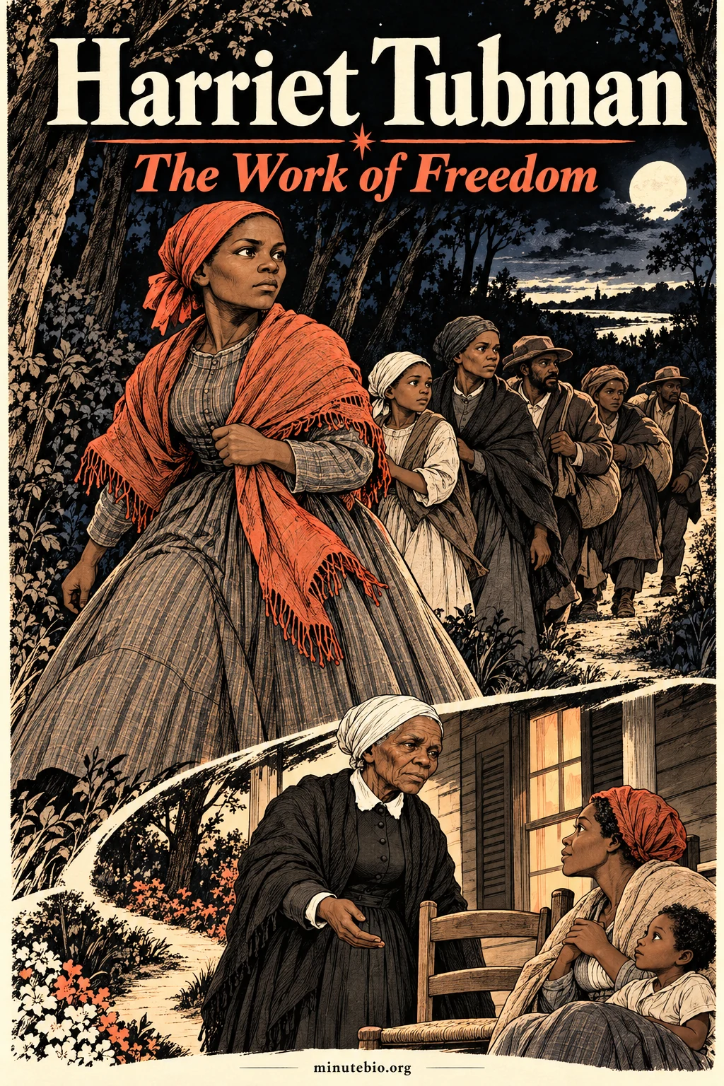 AI-illustrated cover: Harriet Tubman leads travelers through woodland, with an older Tubman offering care in a smaller scene below.