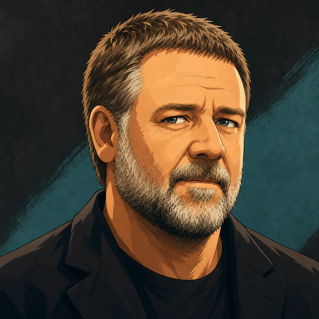 Anime-style editorial portrait of Russell Crowe with short graying hair and a graying beard.